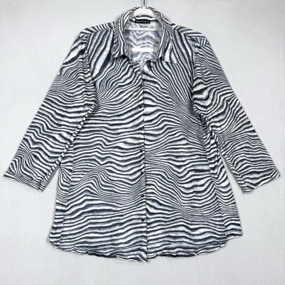 David Cline Top Womens XL Zebra Animal Print Snap Front Blouse Artsy USA‎ Made